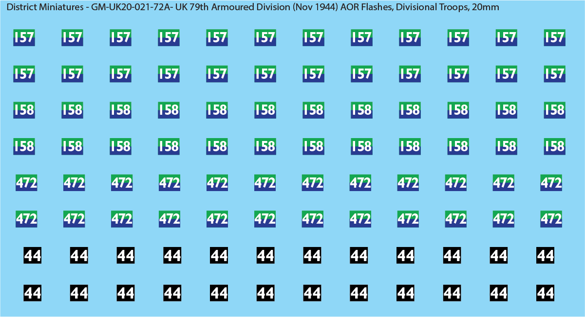 WW2 British - UK 79th Armoured Division (Nov 1944) AOR Flashes (Multiple Options), 20mm Decals