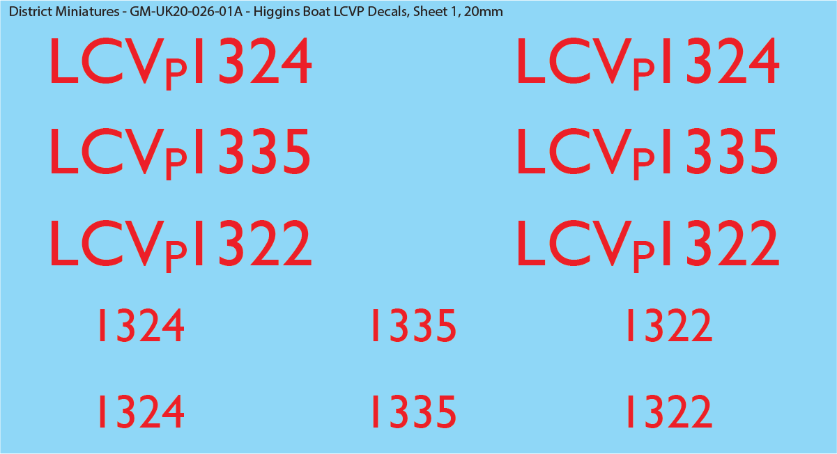 WW2 UK Higgins Boat LCVP Decals, 20mm Decals