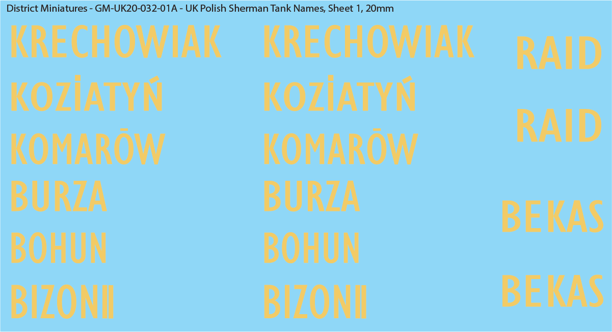 WW2 British - UK Polish Sherman Tank Names, 20mm Decals