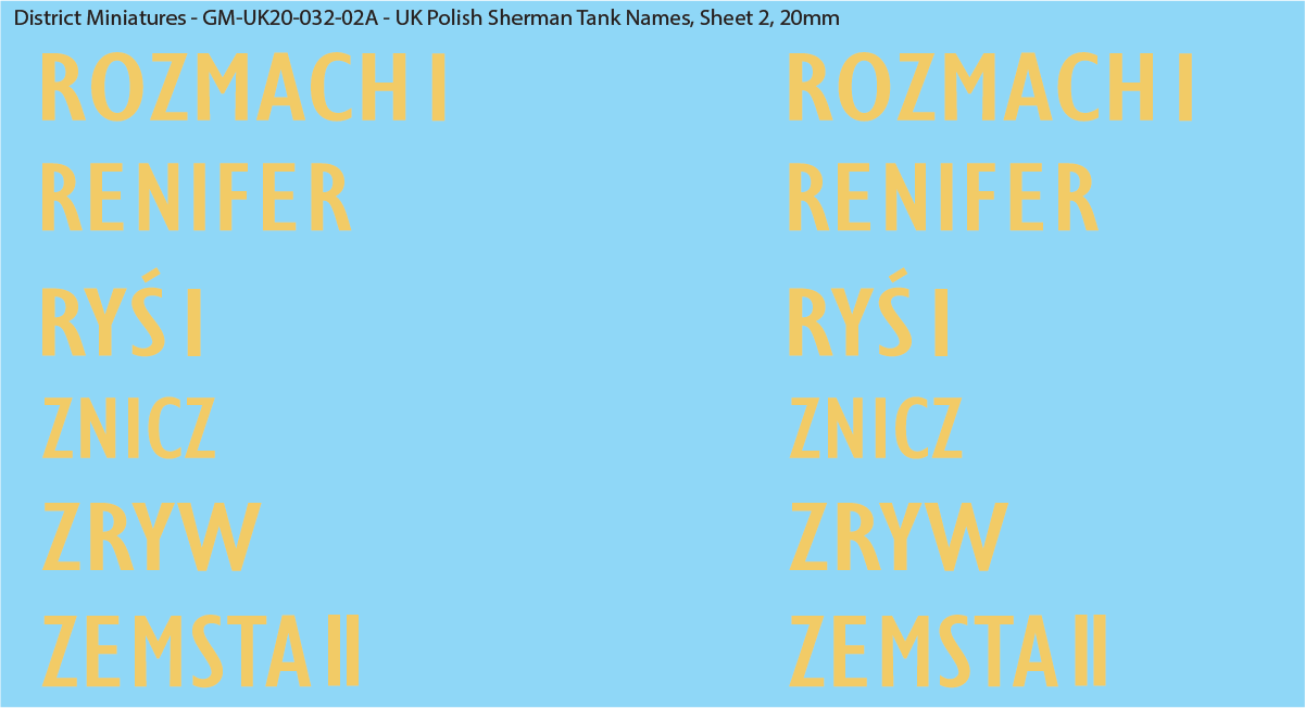 WW2 British - UK Polish Sherman Tank Names, 20mm Decals