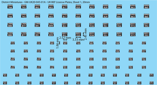 WW2 British - UK BEF License Plates (Multiple Options), 20mm Decals