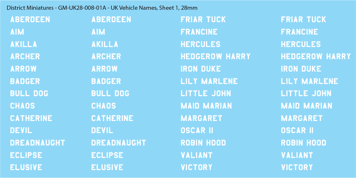 WW2 British - UK Vehicle Names, Sheet 1, 28mm Decals