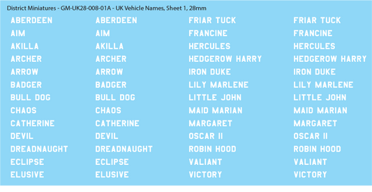 WW2 British - UK Vehicle Names, Sheet 1, 28mm Decals