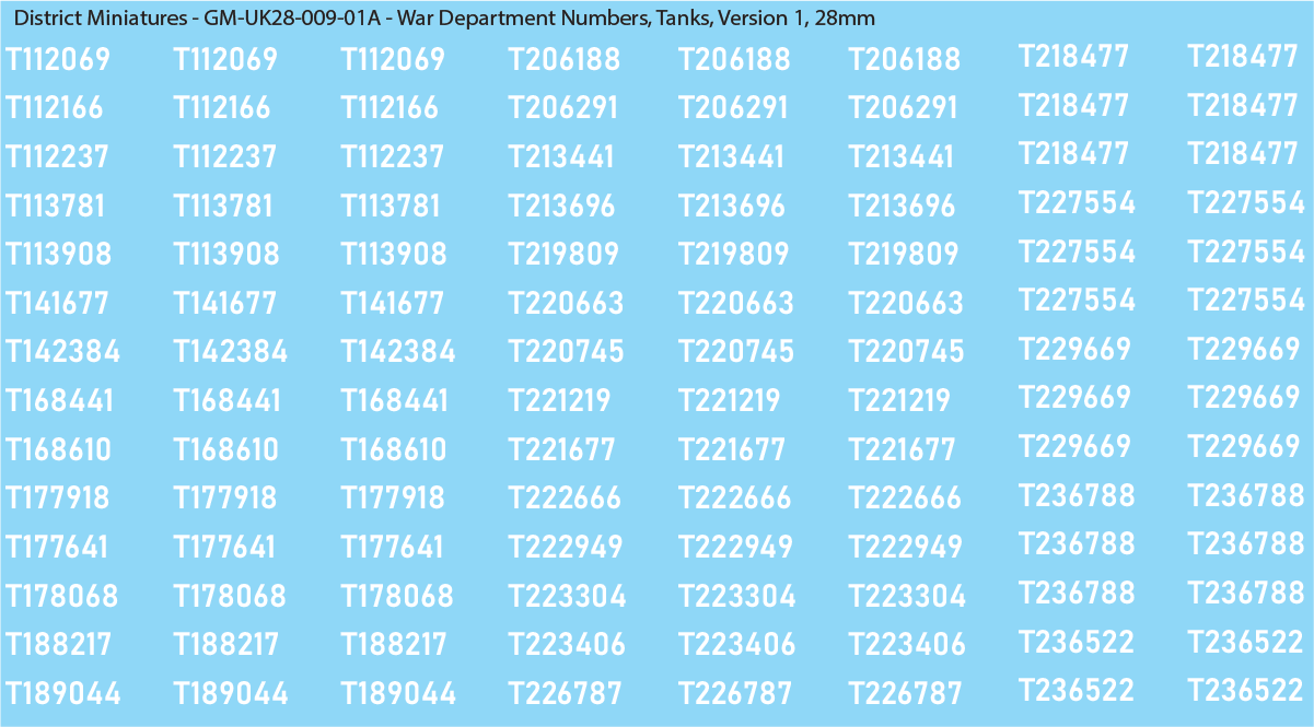 WW2 British - UK War Dept Numbers, 28mm Decals