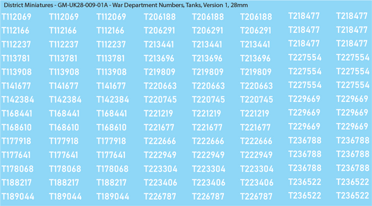 WW2 British - UK War Dept Numbers, 28mm Decals