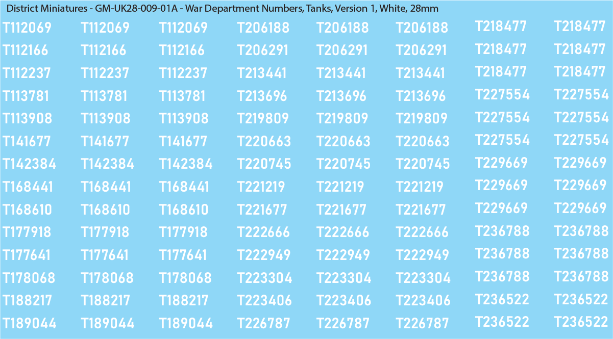 WW2 British - UK War Dept Numbers, Tanks, 28mm Decals