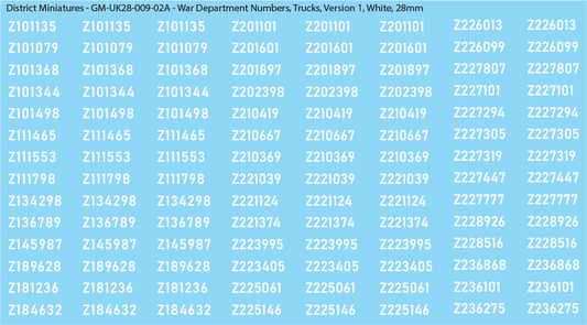 WW2 British - UK War Dept Numbers, Trucks, 28mm Decals