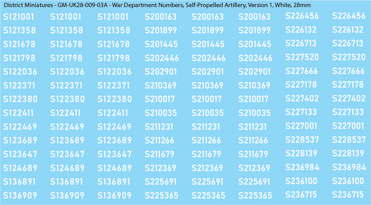 WW2 British - UK War Dept Numbers, Self-Propelled Artillery, 28mm Decals