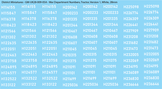 WW2 British - UK War Dept Numbers, Tractor, 28mm Decals