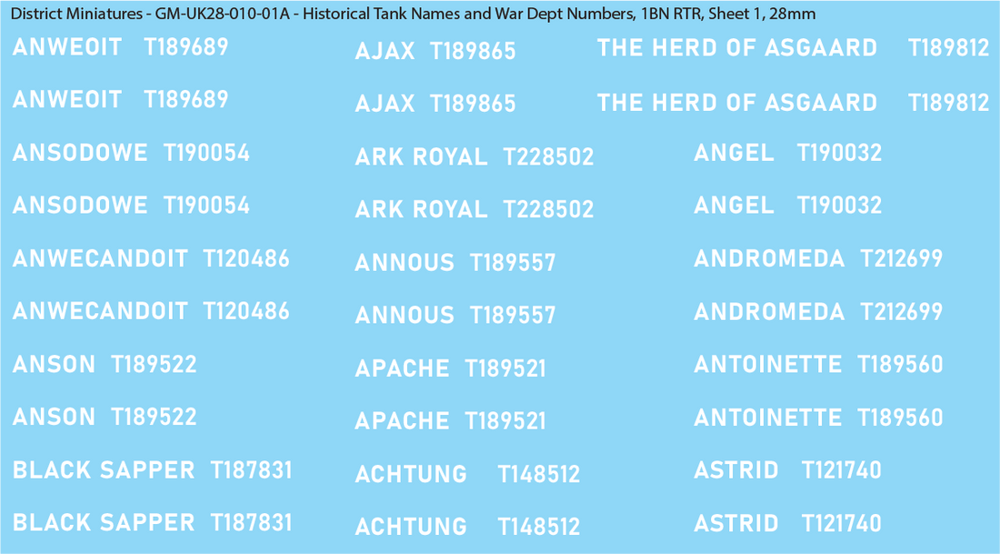WW2 British - UK Historical Tank Names and War Dept Numbers, 1Bn RTR ...