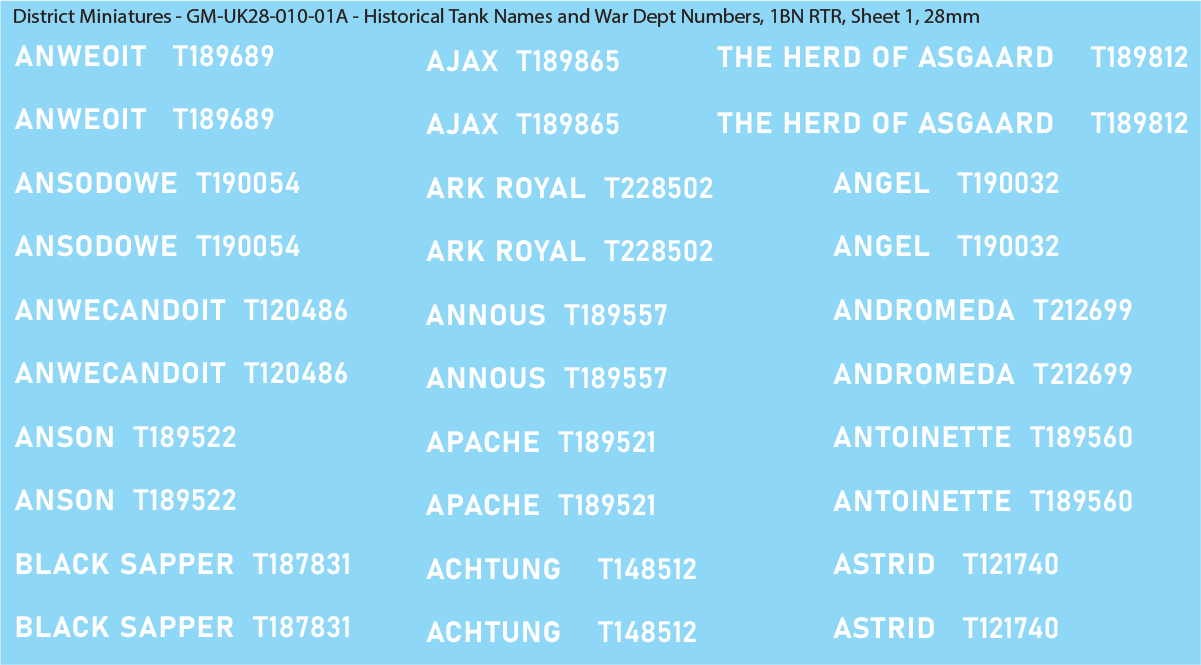 WW2 British - UK Historical Tank Names and War Dept Numbers, 1Bn RTR, 28mm Decals