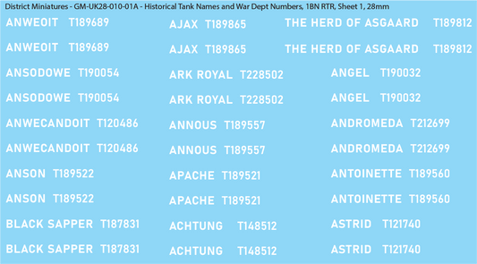 WW2 British - UK Historical Tank Names and War Dept Numbers, 1Bn RTR, 28mm Decals