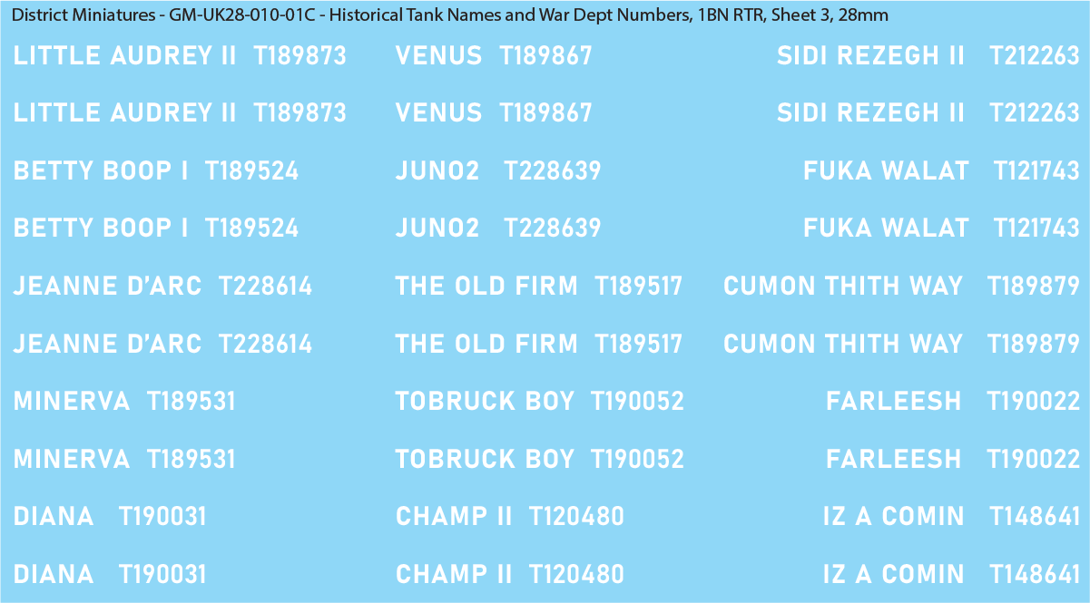 WW2 British - UK Historical Tank Names and War Dept Numbers, 1Bn RTR, 28mm Decals