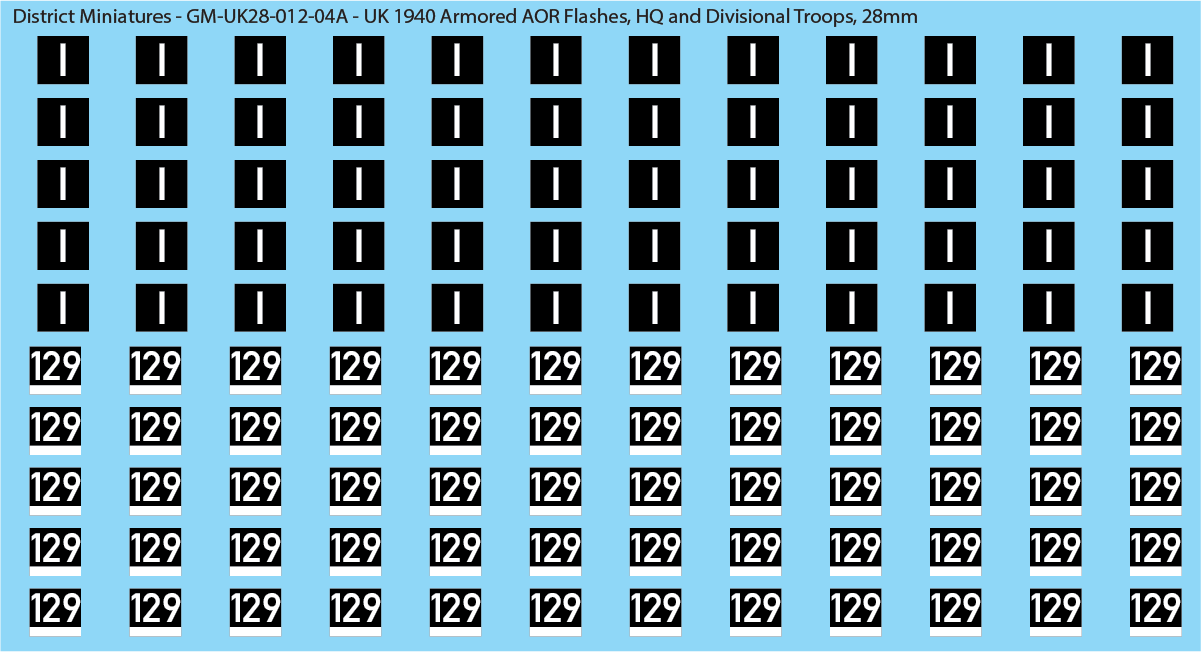 WW2 British - UK 1940 Armor AOR Flashes, 28mm Decals