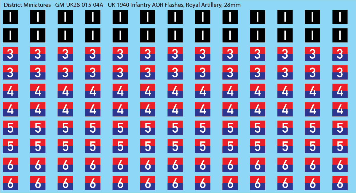 WW2 British - UK 1940 Infantry AOR Flashes, 28mm Decals