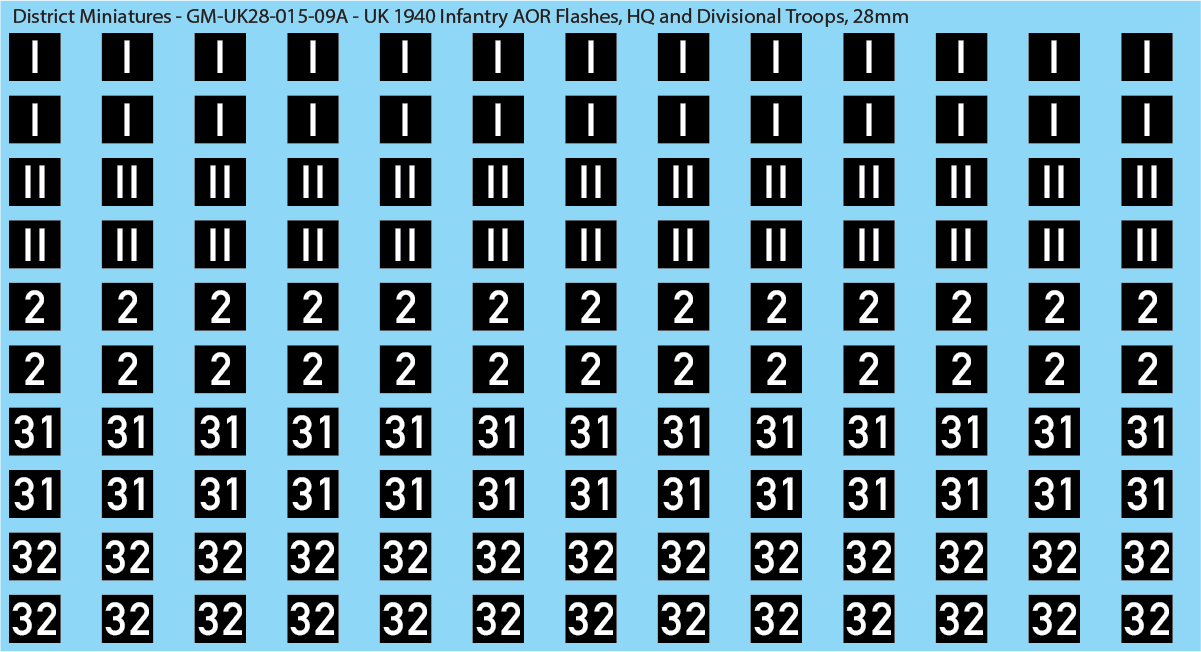 WW2 British - UK 1940 Infantry AOR Flashes, 28mm Decals