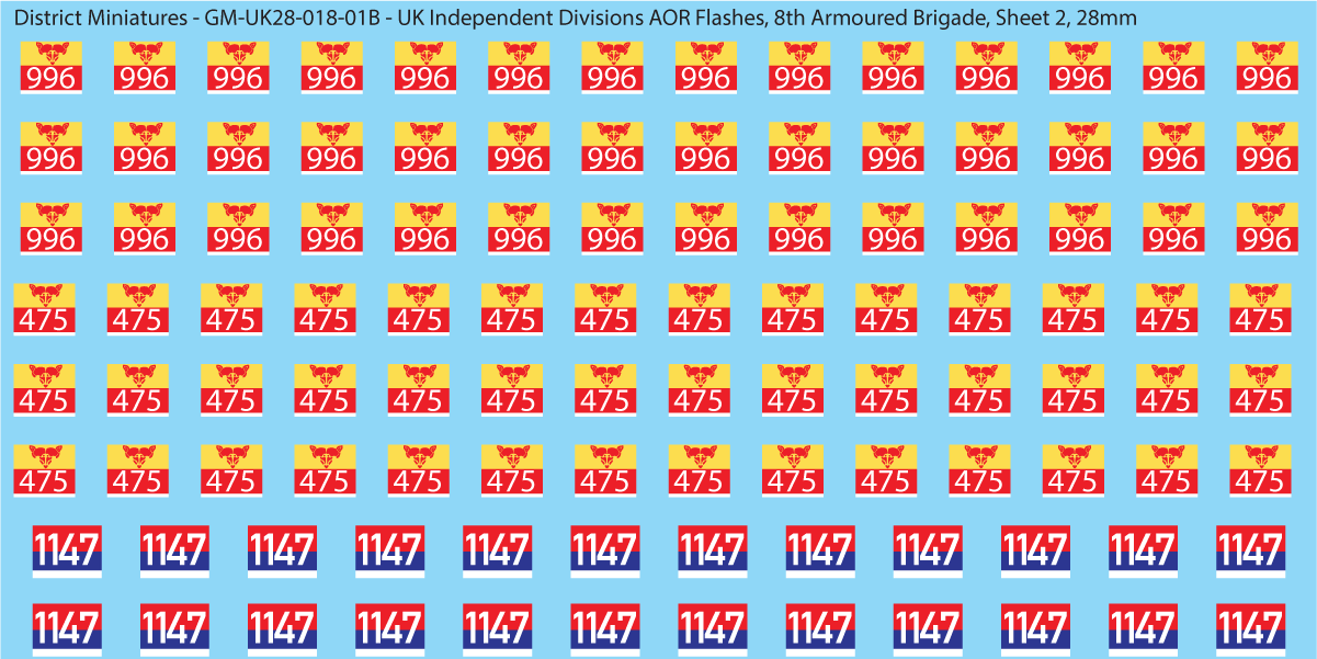 WW2 British - UK Independent Divisions AOR Flashes, 28mm Decals