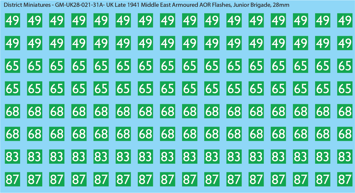 WW2 British - UK Late 1941 Middle East Armor AOR Flashes (Multiple Options), 28mm Decals