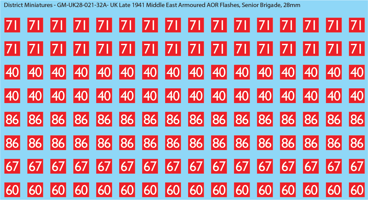 WW2 British - UK Late 1941 Middle East Armor AOR Flashes (Multiple Options), 28mm Decals