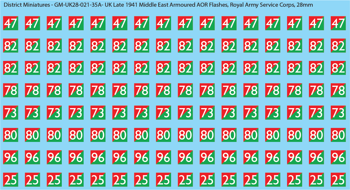 WW2 British - UK Late 1941 Middle East Armor AOR Flashes (Multiple Options), 28mm Decals