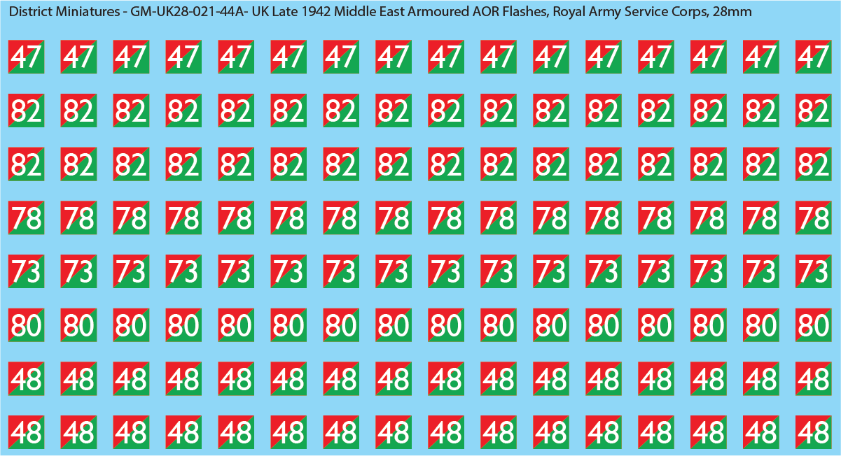 WW2 British - UK Late 1942 Middle East Armor AOR Flashes (Multiple Options), 28mm Decals