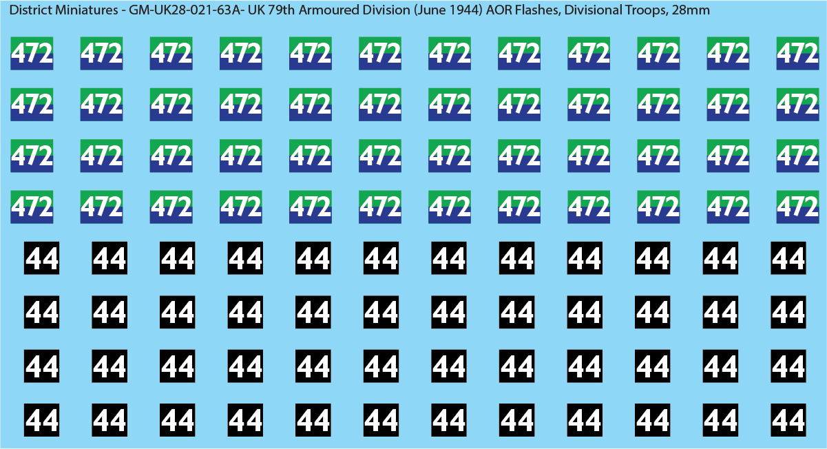 WW2 British - UK 79th Armoured Division (June 1944) AOR Flashes (Multiple Options), 28mm Decals