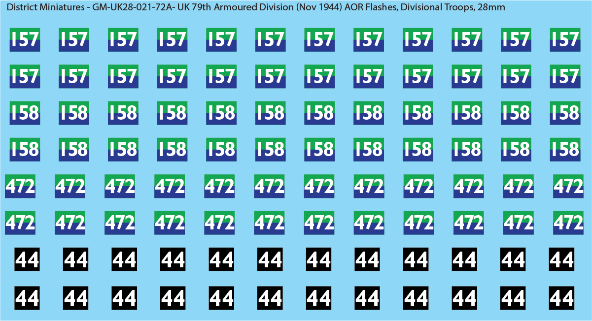 WW2 British - UK 79th Armoured Division (Nov 1944) AOR Flashes (Multiple Options), 28mm Decals