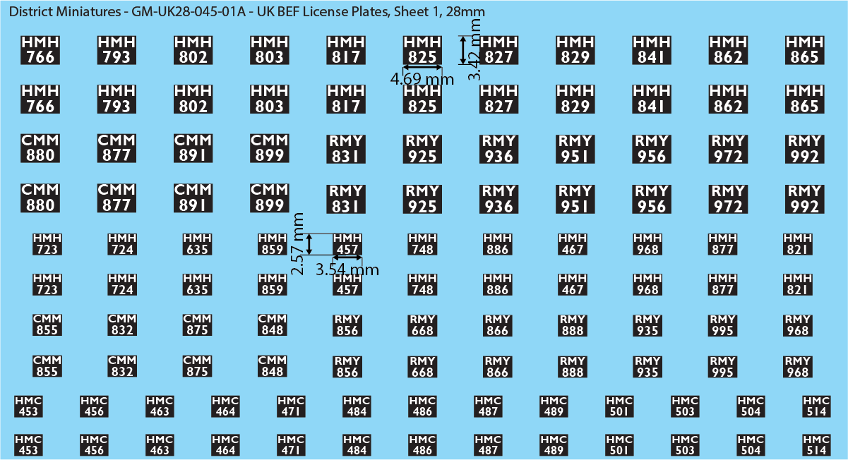 WW2 British - UK BEF License Plates (Multiple Options), 28mm Decals
