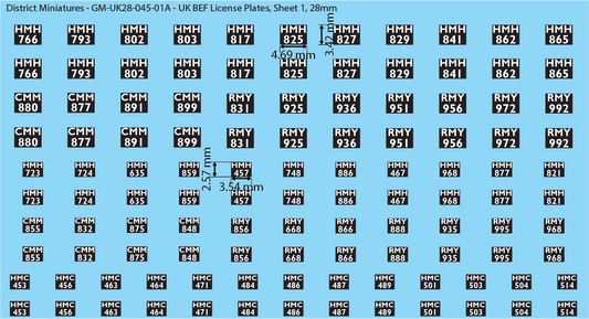 WW2 British - UK BEF License Plates (Multiple Options), 28mm Decals