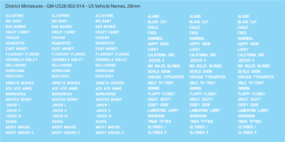 WW2 US Vehicle Names, 15mm Decals