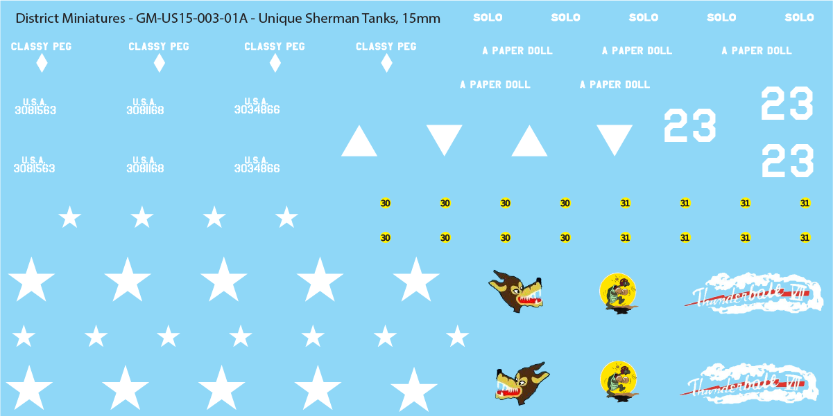 WW2 US Unique Sherman Tanks, 15mm Decals
