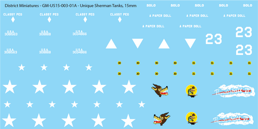 WW2 US Unique Sherman Tanks, 15mm Decals