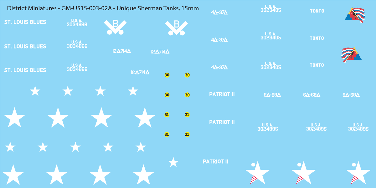 WW2 US Unique Sherman Tanks, 15mm Decals