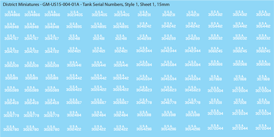 WW2 US Tank Vehicle Numbers, 15mm Decals