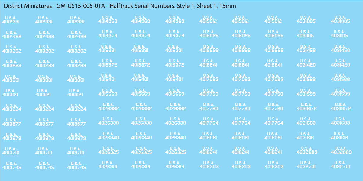 WW2 US Halftrack Vehicle Numbers, 15mm Decals
