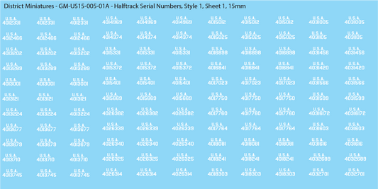 WW2 US Halftrack Vehicle Numbers, 15mm Decals