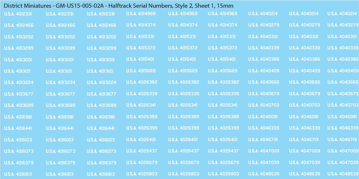 WW2 US Halftrack Vehicle Numbers, 15mm Decals