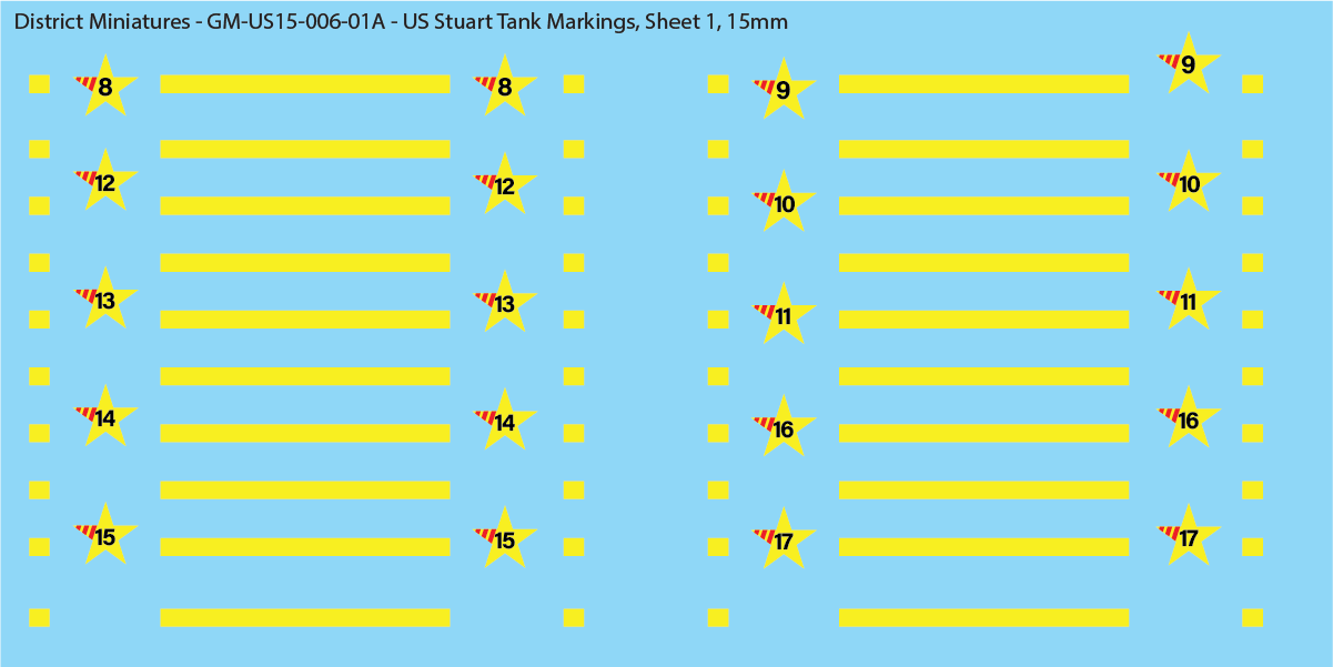WW2 US Stuart Tank Decals, 15mm Decals