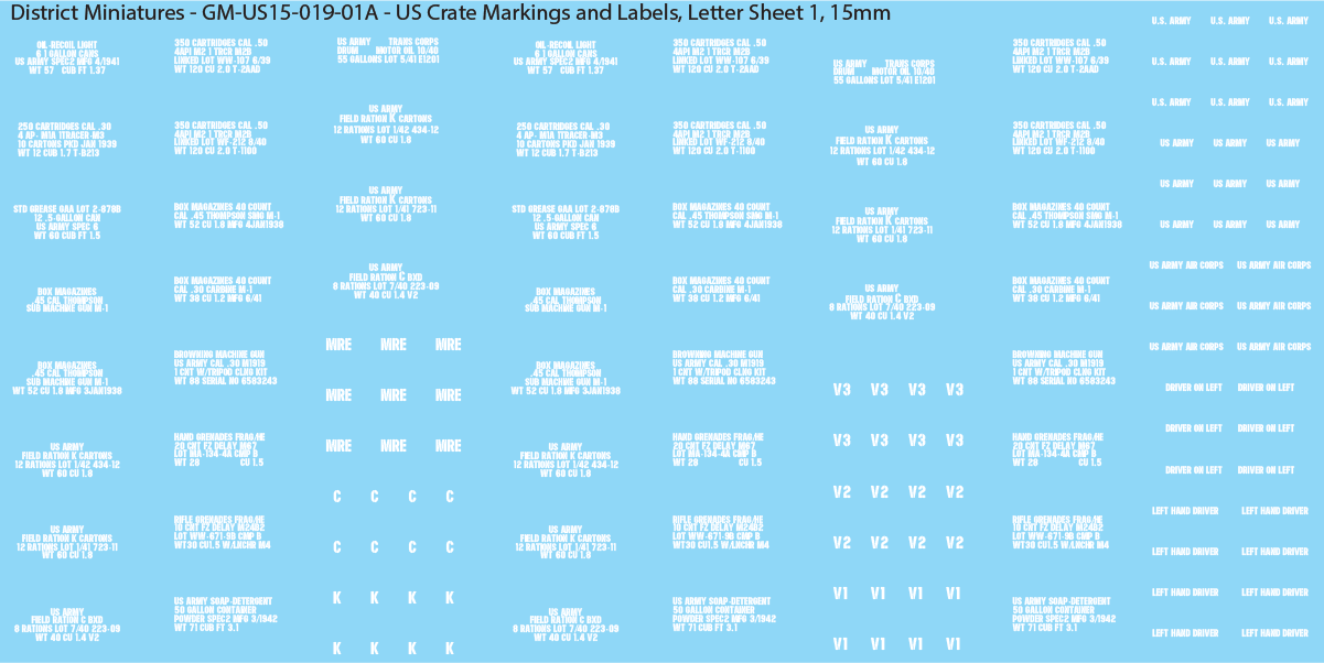 WW2 US - US Crate Markings and Labels, Sheet 1, 15mm Decals