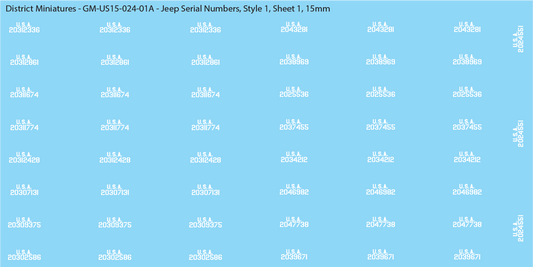 WW2 US Jeep Vehicle Numbers, 15mm Decals