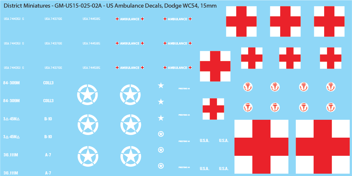 US Ambulance Decals (Multiple Options), 15mm Decals