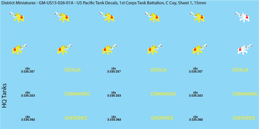 WW2 US Pacific Decals, 1st Corps Tank Battalion (Multiple Options), 15mm Decals