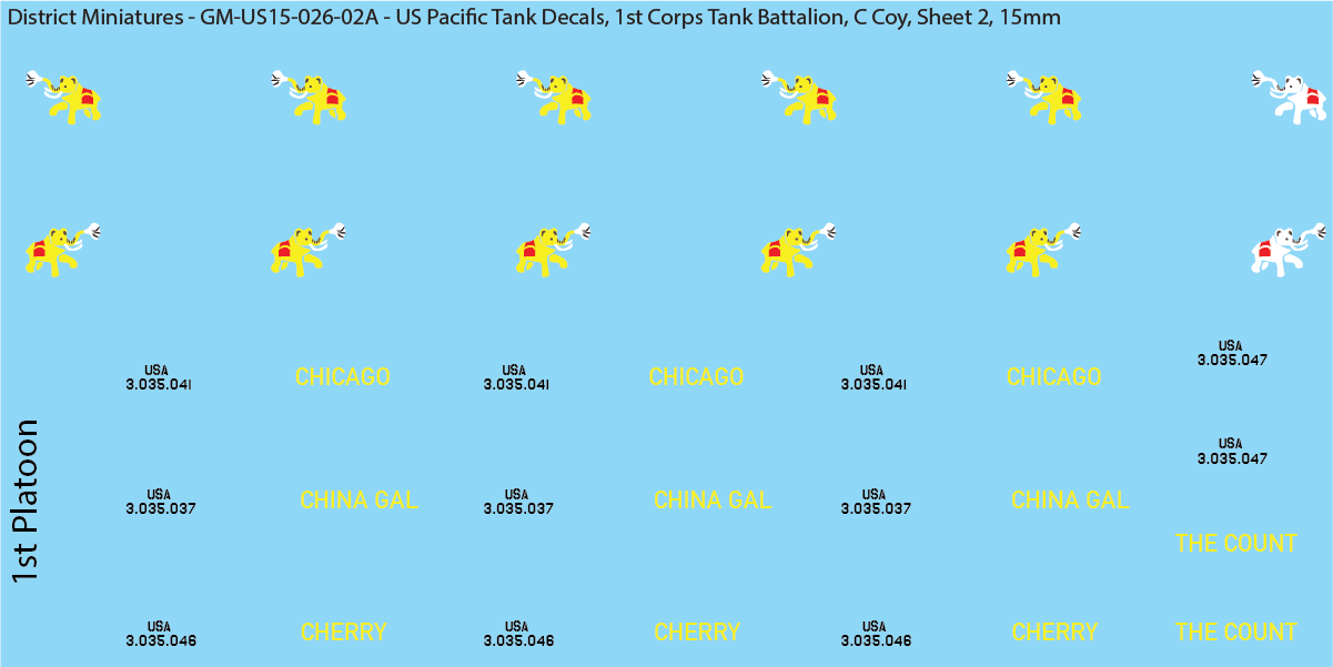 WW2 US Pacific Decals, 1st Corps Tank Battalion (Multiple Options), 15mm Decals