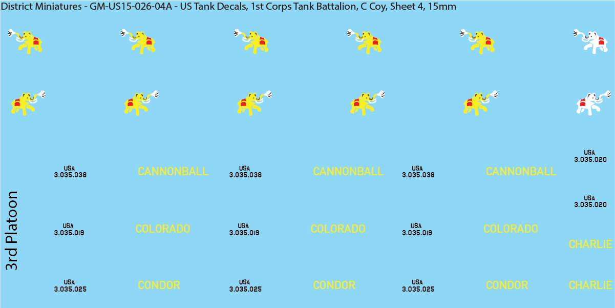 WW2 US Pacific Decals, 1st Corps Tank Battalion (Multiple Options), 15mm Decals
