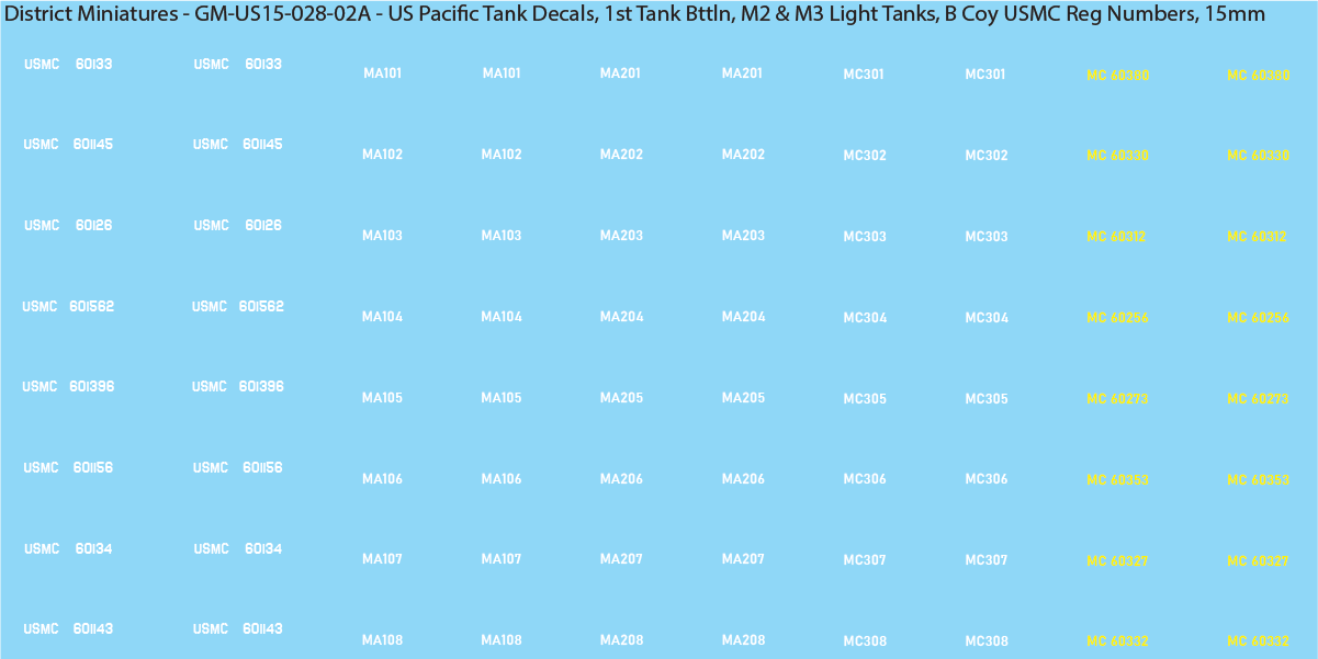 WW2 US Pacific Decals, 1st Tank Battalion M2 & M3 Light Tanks (Multiple Options), 15mm Decals