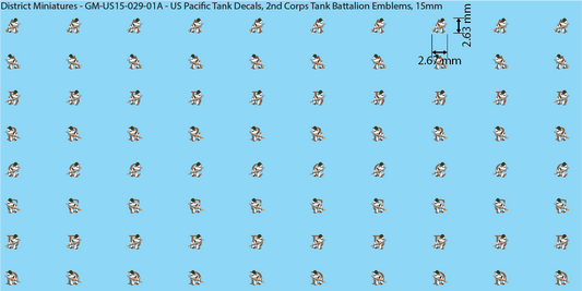 WW2 US Pacific Decals, 2nd Corps Tank Battalion Vehicle Emblems, 15mm Decals