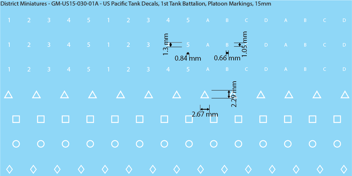 WW2 US Pacific Decals, 1st Tank Battalion, Platoon Markings, 15mm Decals