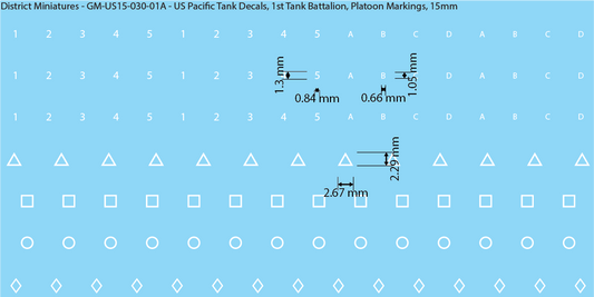 WW2 US Pacific Decals, 1st Tank Battalion, Platoon Markings, 15mm Decals