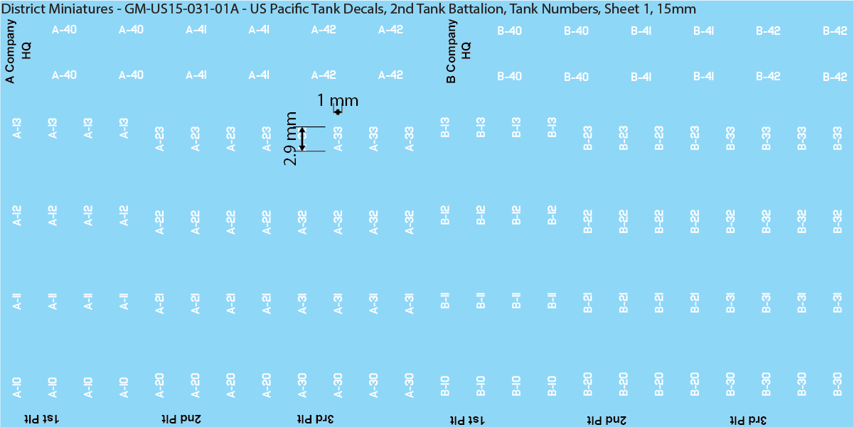 WW2 US Pacific Decals, 2nd Tank Battalion Tank Names and Numbers (Multiple Options), 15mm Decals