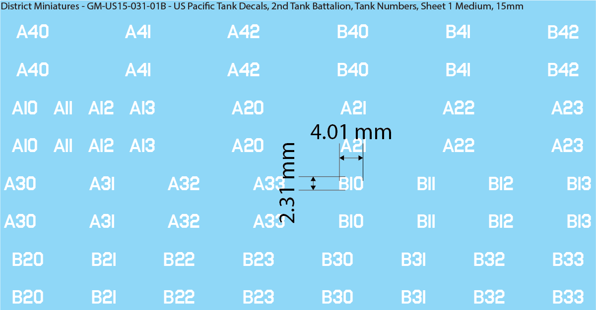 WW2 US Pacific Decals, 2nd Tank Battalion Tank Names and Numbers (Multiple Options), 15mm Decals